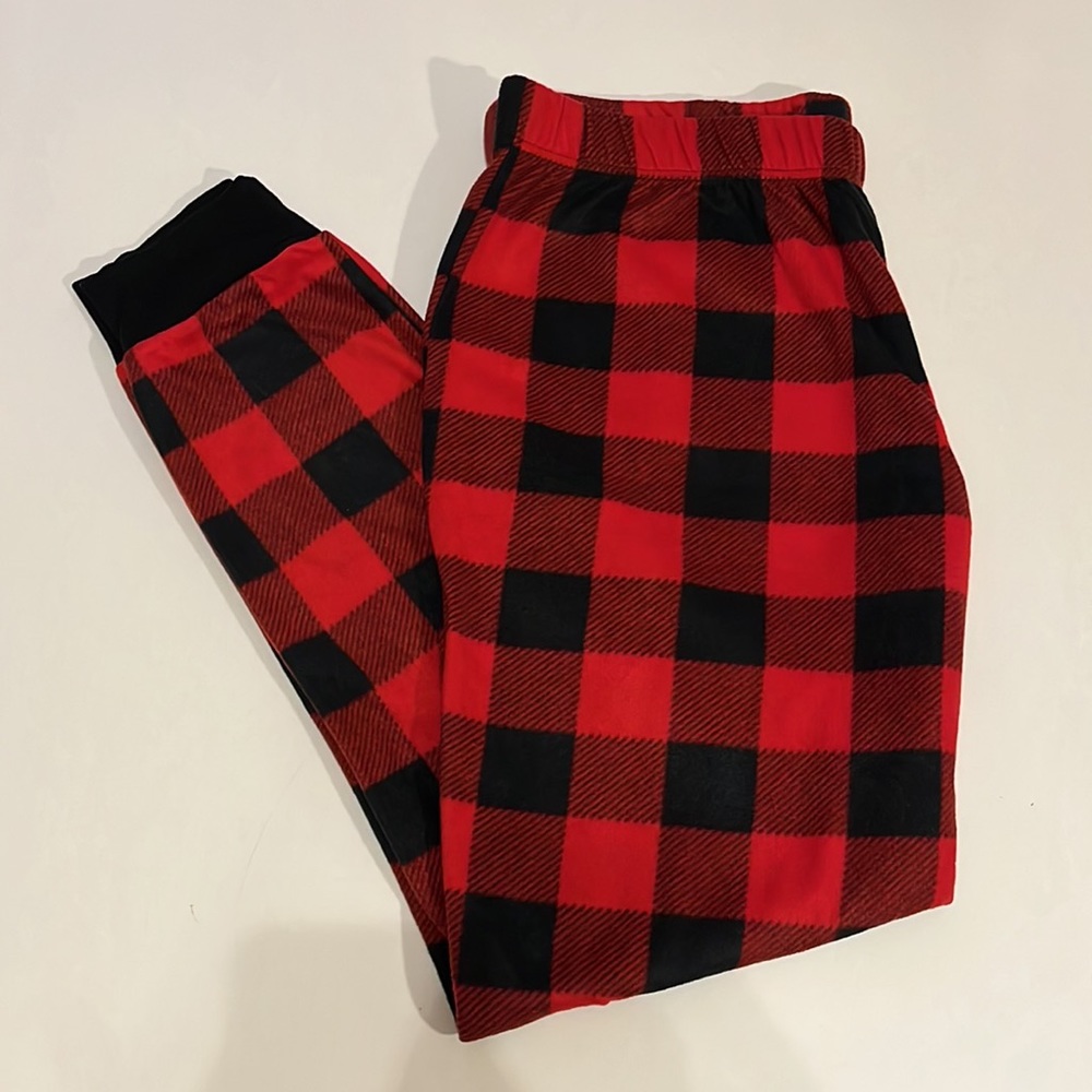 Black & Red Buffalo Plaid Fleece Pajama Jogger Bottoms ~ Holiday Time Size L